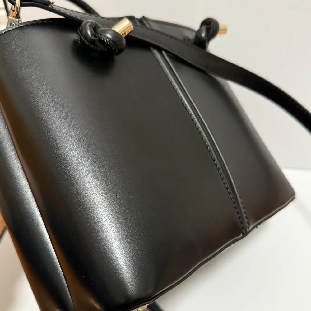 Zara black mini city tote structured chic bucket bag vegan leather purse minimal